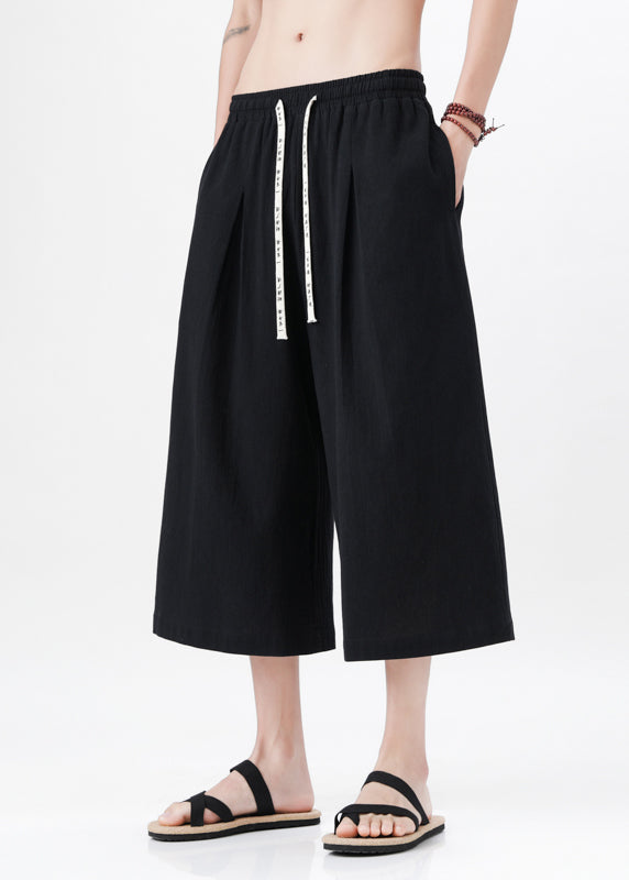Handmade Beige Pockets Elastic Waist Mens Wide Leg Pants YT015 Men-Silk-MENCP240721