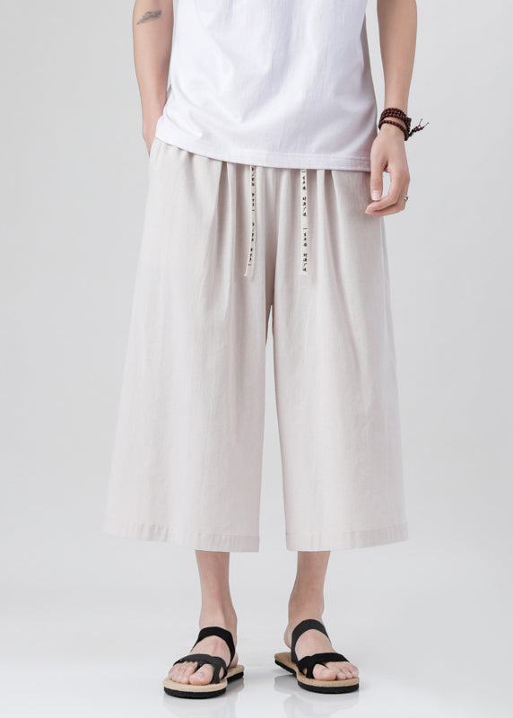 Handmade Beige Pockets Elastic Waist Mens Wide Leg Pants YT015 Men-Silk-MENCP240721