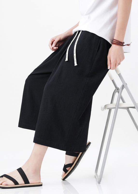 Handmade Beige Pockets Elastic Waist Mens Wide Leg Pants YT015 Men-Silk-MENCP240721