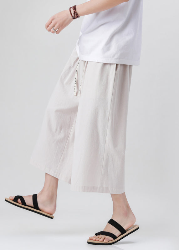 Handmade Beige Pockets Elastic Waist Mens Wide Leg Pants YT015 Men-Silk-MENCP240721