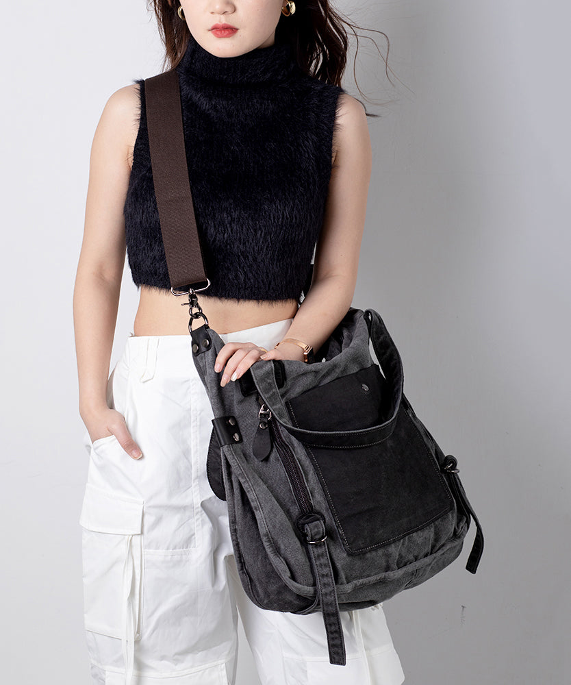Handmade Black Canvas Patchwork Faux Leather Messenger Bag UU1071 Bag-BGS240527