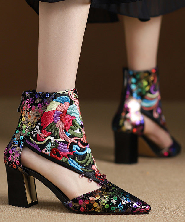 Handmade Black Embroidered Hollow Out Sheepskin Chunky Boots RT1063 Ada Fashion