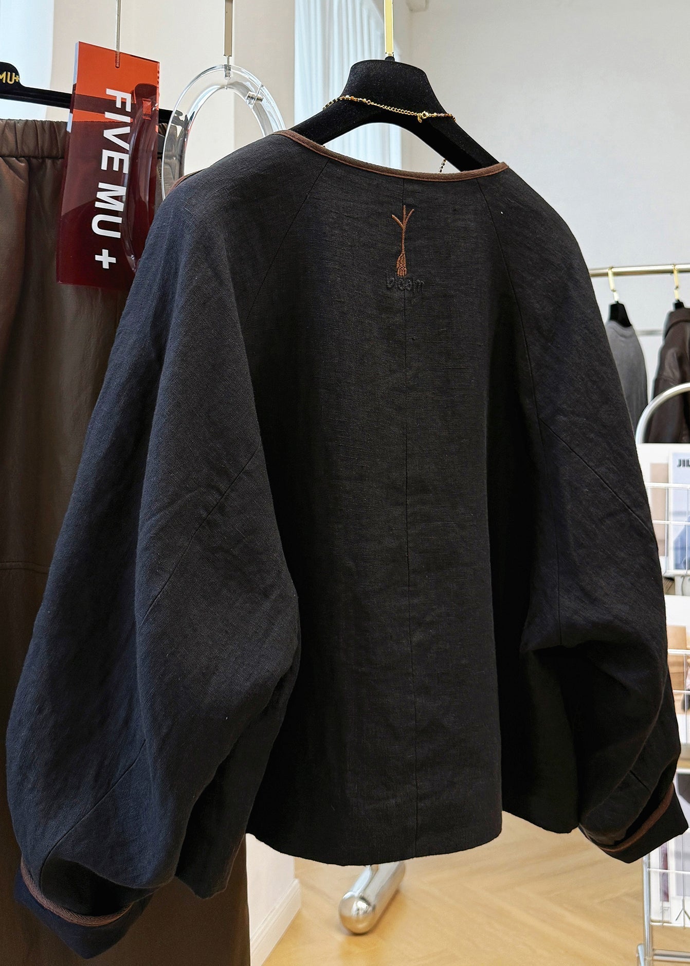 Black Fall O Neck Coat Handmade Linen Patchwork Embroidered FashionChic