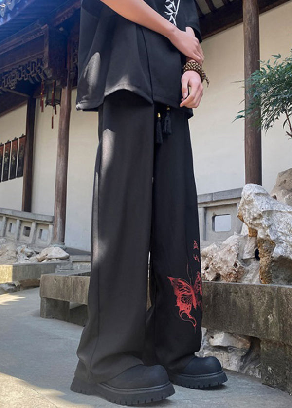 Handmade Black Pockets Print Ice Silk Mens Pants Summer YT039 Men-Silk-MENP240721
