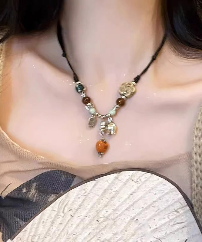 Handmade Ceramics Weave Pendant Beads Necklace Alloy Black FashionChic