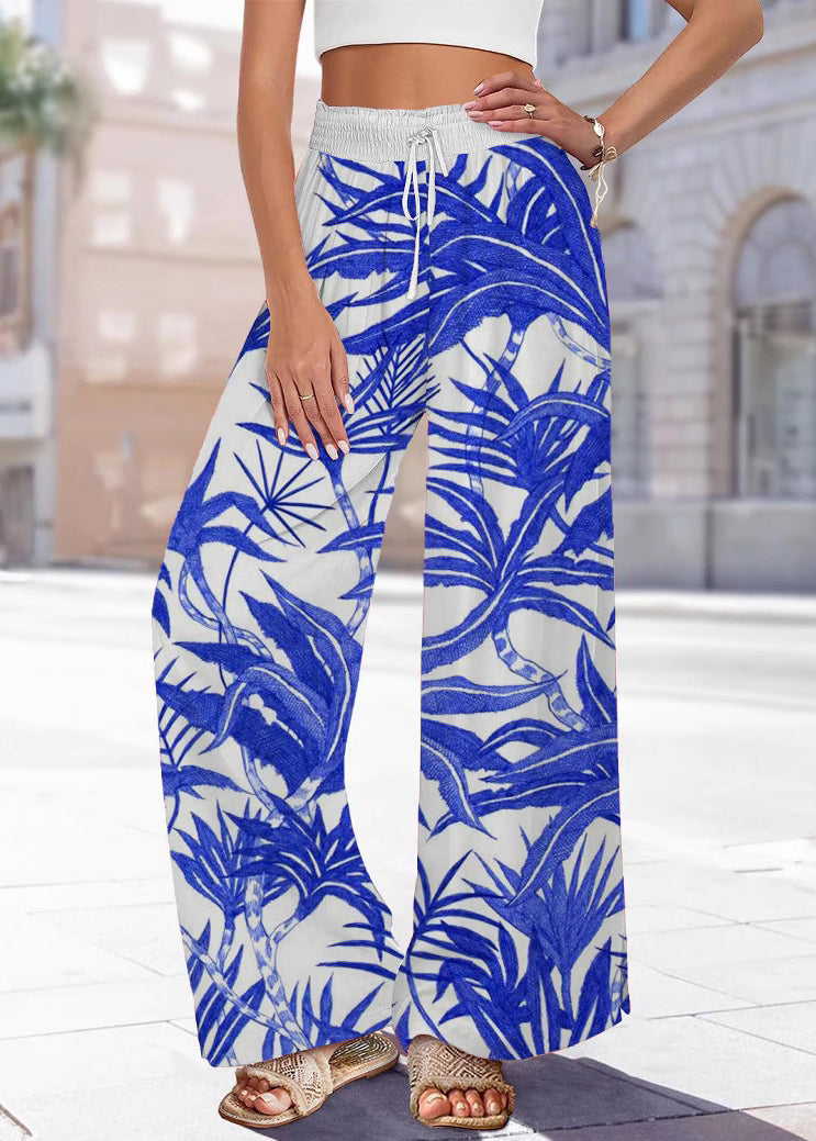 Pants Leg Waist Print Blue Summer Elastic Handmade Wide FashionChic