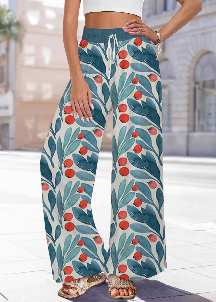 Pants Leg Waist Print Blue Summer Elastic Handmade Wide FashionChic