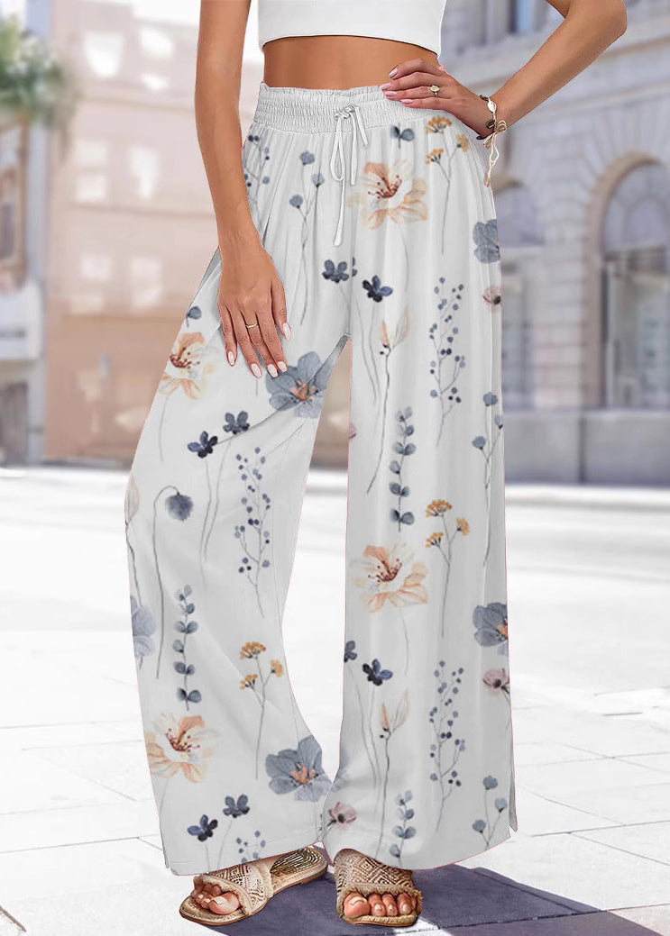 Pants Leg Waist Print Blue Summer Elastic Handmade Wide FashionChic