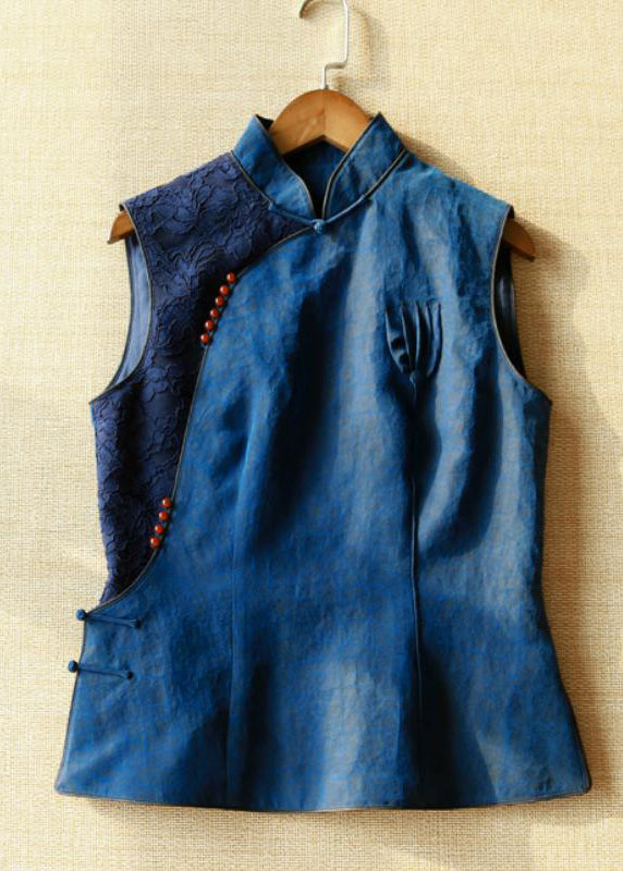 Handmade Blue Stand Collar Patchwork Button Silk Vest Summer QB025 HS-VTP241025