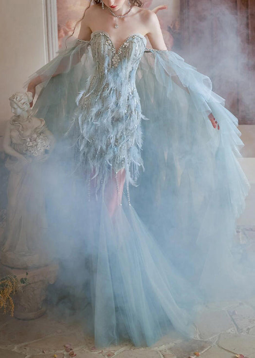 Dress Feather And Blue Handmade Tulle Two Pieces Zircon Cape Set FashionChic