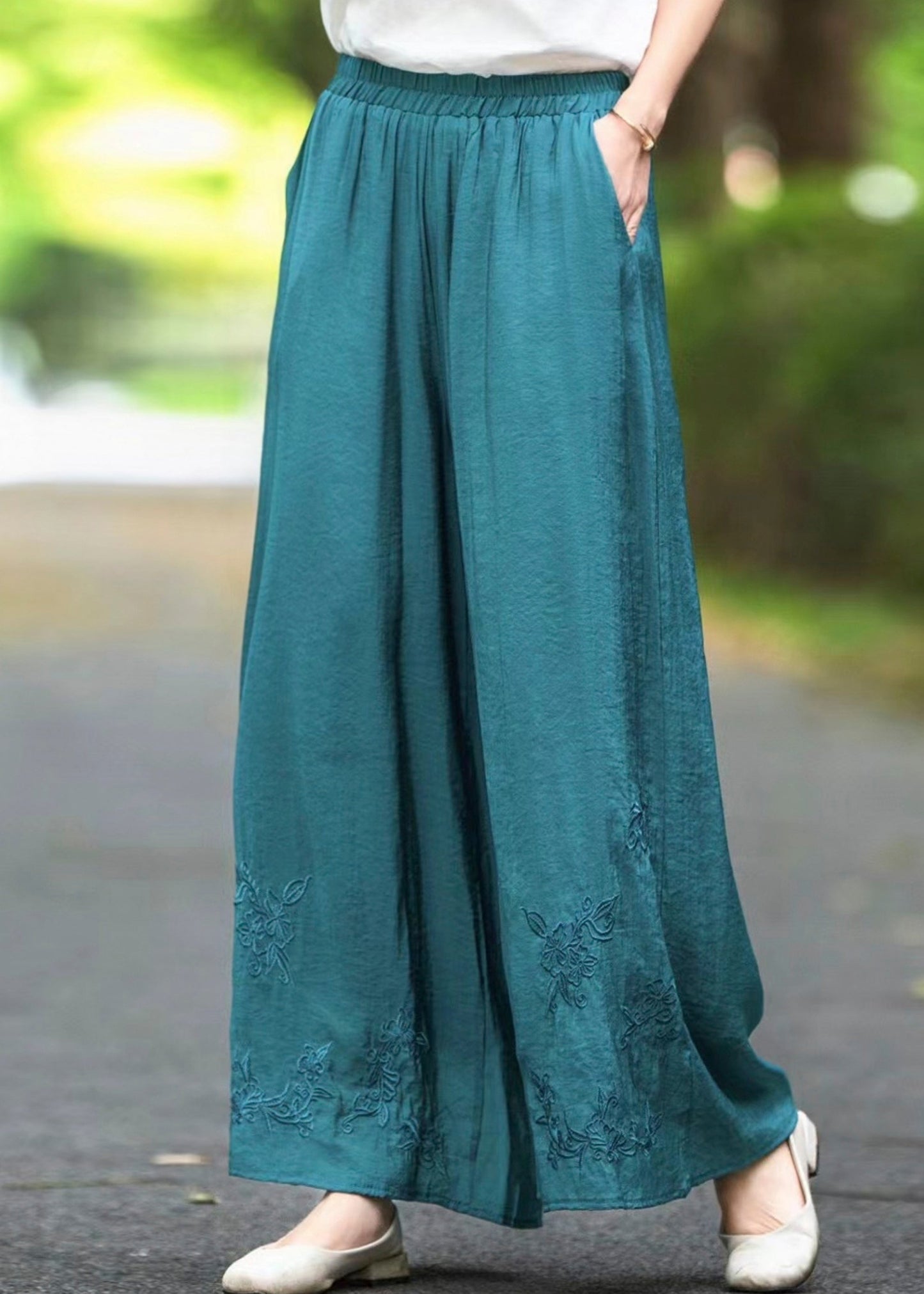 Silk Elastic Handmade Pockets Solid Pants Brown Waist Summer FashionChic