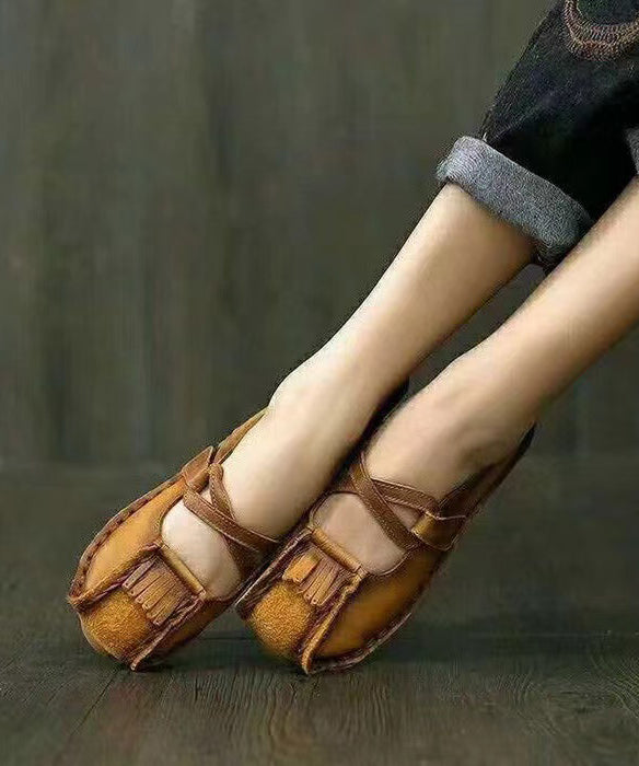 Handmade Comfy Flats Shoes Khaki Cowhide Leather RT1018 Ada Fashion