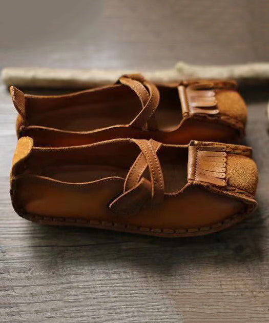 Handmade Comfy Flats Shoes Khaki Cowhide Leather RT1018 Ada Fashion