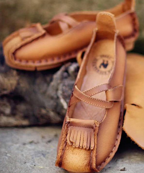 Handmade Comfy Flats Shoes Khaki Cowhide Leather RT1018 Ada Fashion