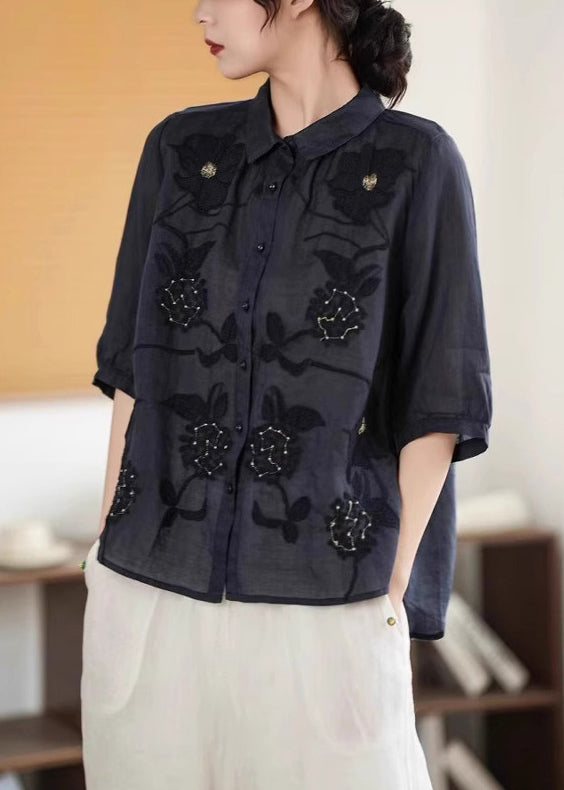 Shirt Half Handmade Sleeve Button Green Linen Embroidered FashionChic