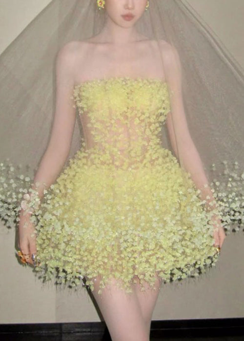 Yellow Handmade Strapless Waist Mid High Dress Tulle Light FashionChic