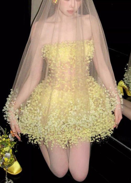 Yellow Handmade Strapless Waist Mid High Dress Tulle Light FashionChic