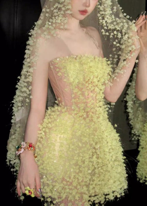 Yellow Handmade Strapless Waist Mid High Dress Tulle Light FashionChic