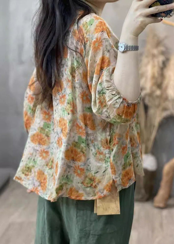 Ruffled Handmade Sleeve Orange Cotton Print Top Bracelet FashionChic