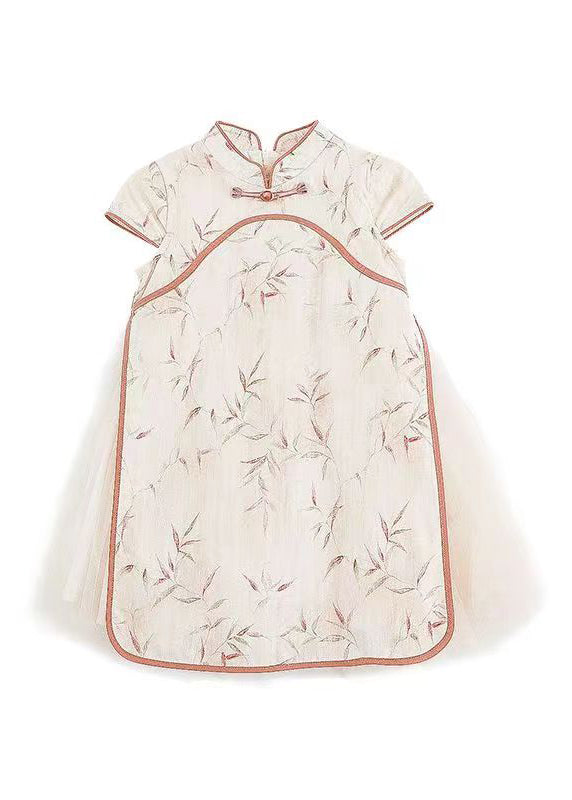 Handmade Orange Stand Collar Tulle Patchwork Kids Maxi Dresses Short Sleeve MN003 MM-RCTZ-SDL240701