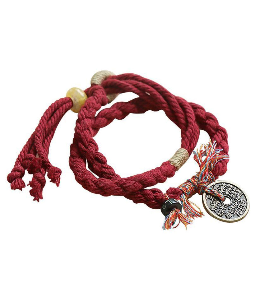 Handmade Red Handmade Weaving Copper Coins Yarn Tassel Charm Bracelet YD008 ABC