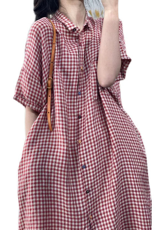 Handmade Red Peter Pan Collar Plaid Cotton Shirts Dress Summer FF009 MZF-SDL240607