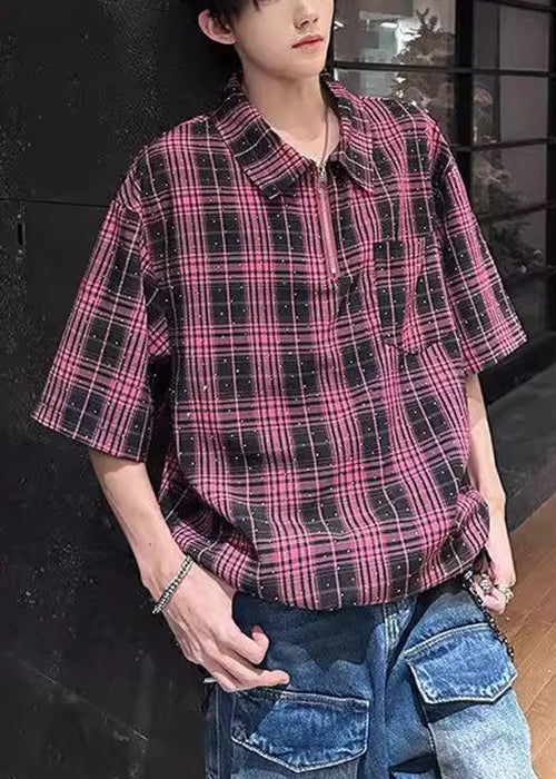 Handmade Sleeve Men Shirts Zippered Half Red Cotton Zircon Plaid FashionChic
