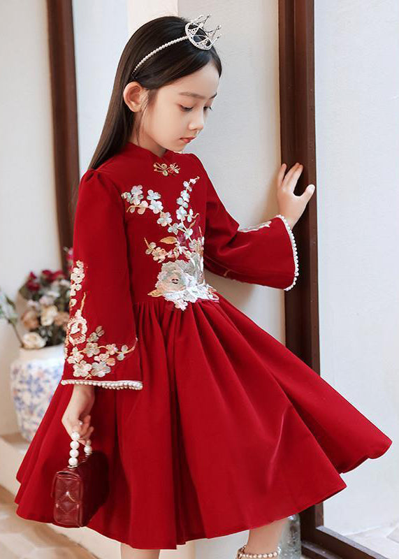 Collar Long Stand Girls Dress Red Handmade Wrinkled Spring FashionChic