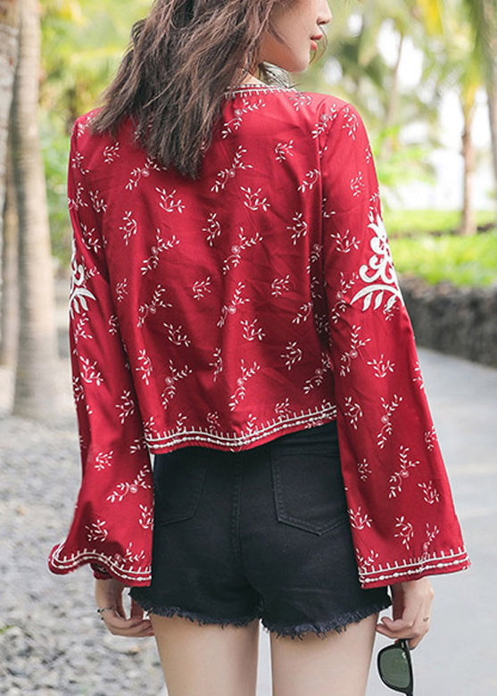 Sleeve Flare Handmade V Neck Top Cotton Embroidered Red FashionChic