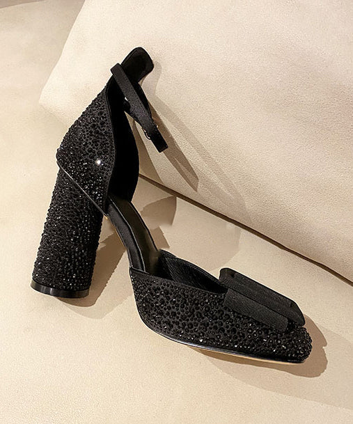 Heel Handmade Sandals Black Strap Chunky Buckle Zircon Splicing FashionChic