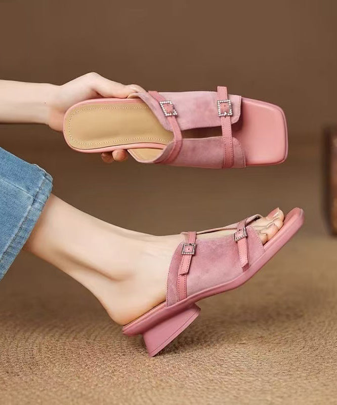 Pink Sandals Handmade Suede Slide Splicing Chunky FashionChic