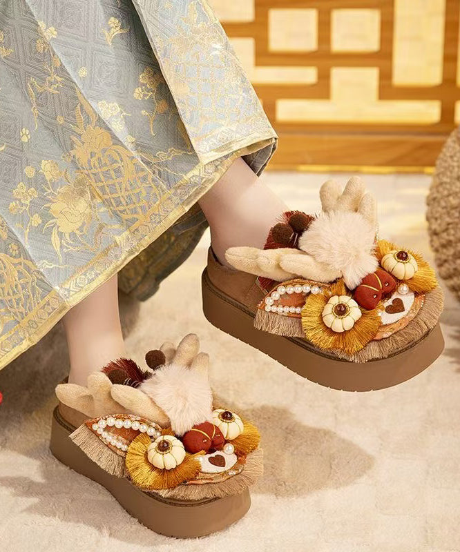 Handmade Splicing Platform Slippers Shoes Brown Fuzzy Wool Lined TQ050 ABC