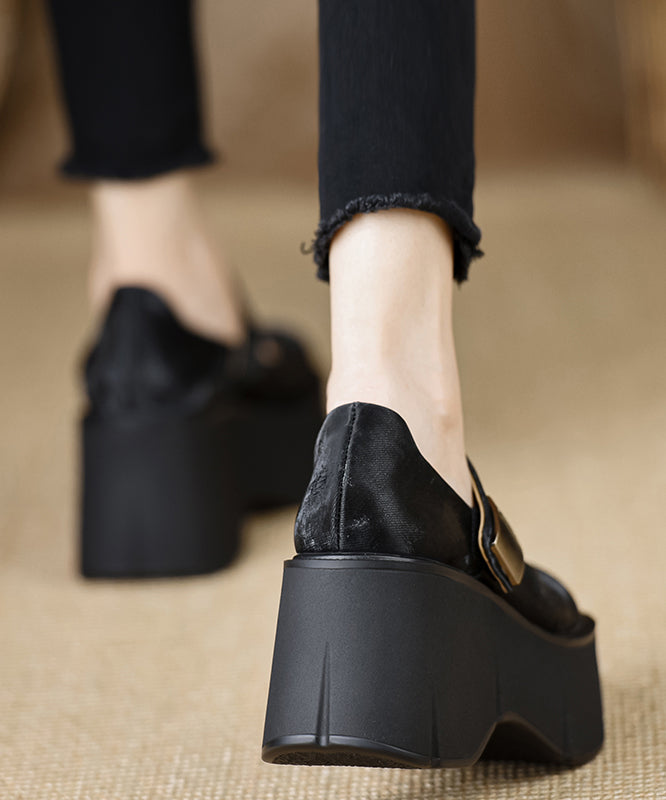 Handmade Vintage Buckle Strap Splicing Wedge High Heels Black Silk YC028 ABC