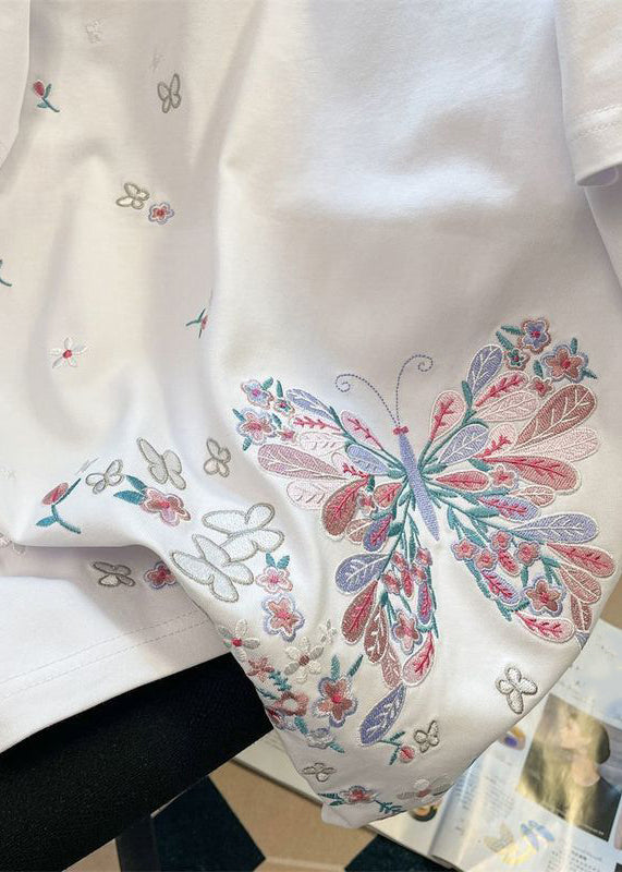 Handmade White Butterfly Embroideried Cotton Men Neutral T Shirt Summer LK063 Men-Silk-MENT240630