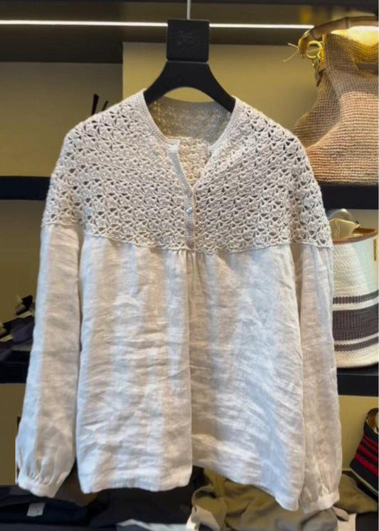 Oversized Handmade Out White Patchwork Summer Tops Linen Hollow FashionChic