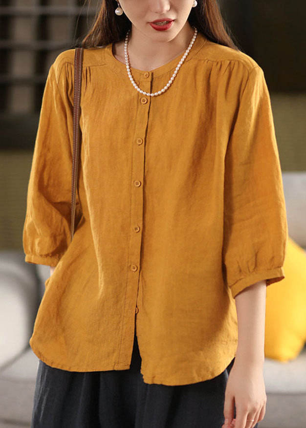 Yellow Blouses Oversized Bracelet Sleeve Handmade Linen FashionChic