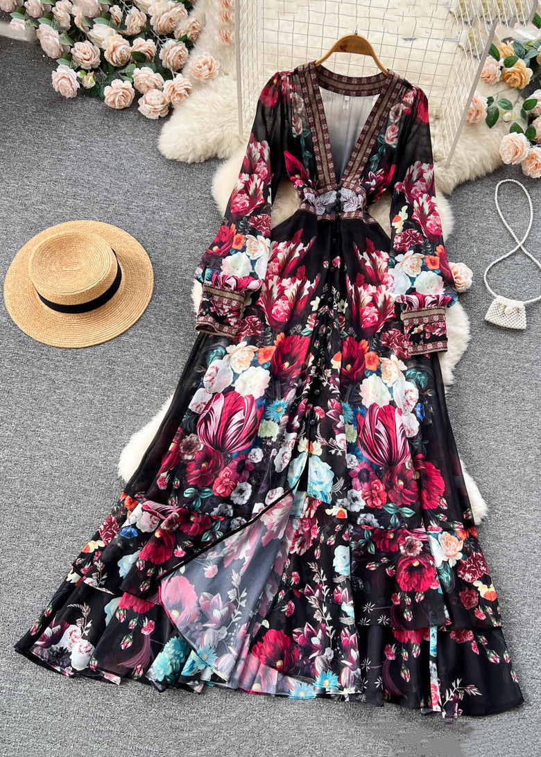 Italian Apricot V Neck Print Elastic Waist Chiffon Maxi Dresses Fall TR041 ZS-FDL240730