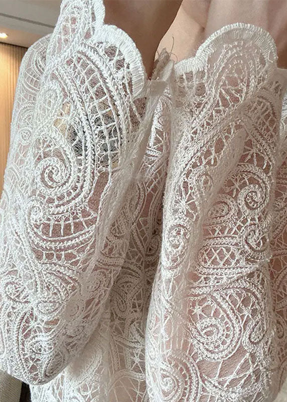 Italian Hollow Lace Beige Out Spring O-Neck Top FashionChic