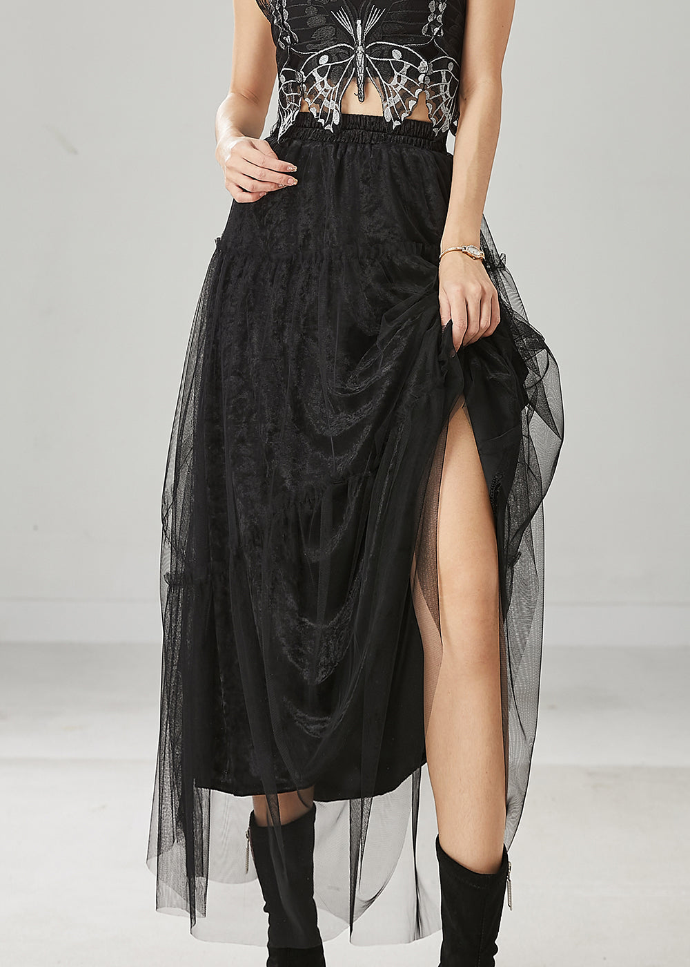 Italian Black Elastic Waist Tulle A Line Skirt Spring YU1020 Ada Fashion