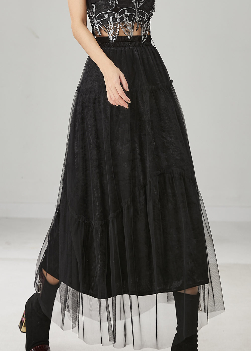 Italian Black Elastic Waist Tulle A Line Skirt Spring YU1020 Ada Fashion