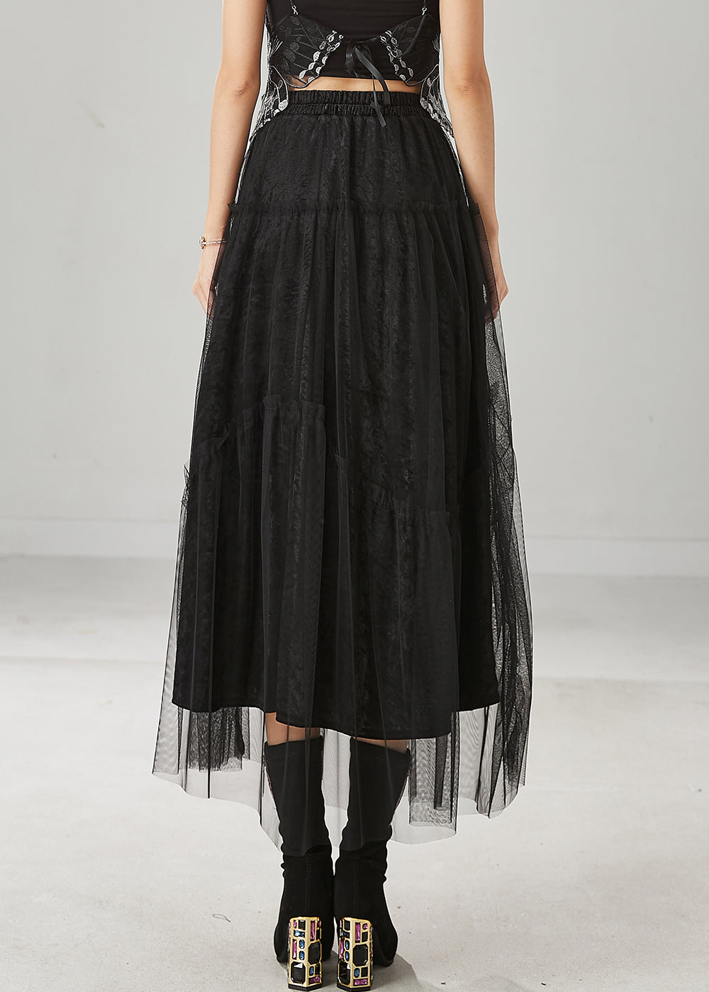 Italian Black Elastic Waist Tulle A Line Skirt Spring YU1020 Ada Fashion
