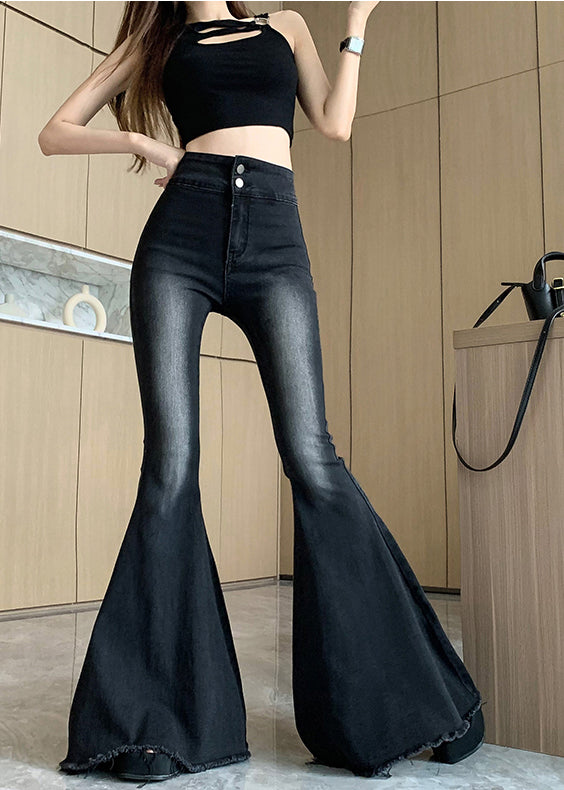 Italian Black High Waist Denim Flared Pants Trousers Spring YP045 ABC