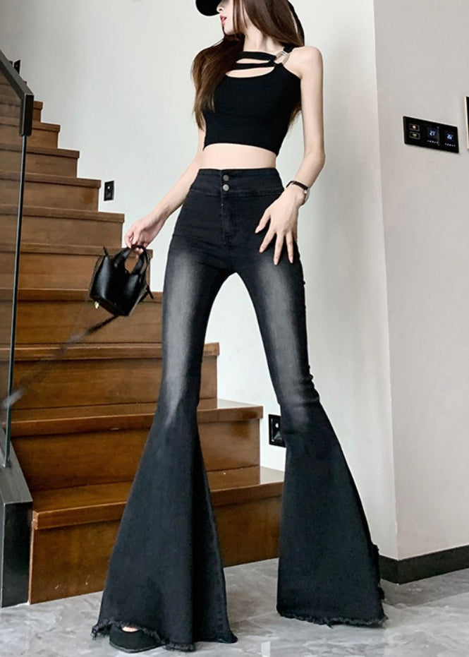 Italian Black High Waist Denim Flared Pants Trousers Spring YP045 ABC