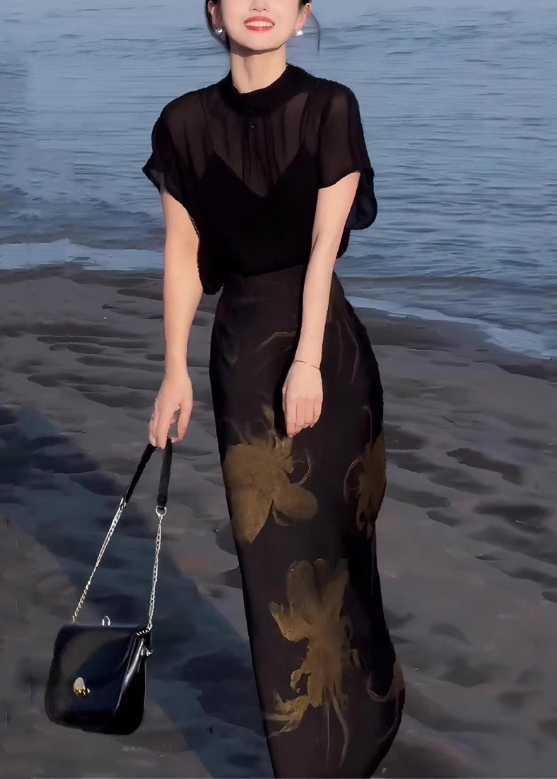 Tops Lace Two Skirts Chiffon Pieces Up And Black Print Italian FashionChic