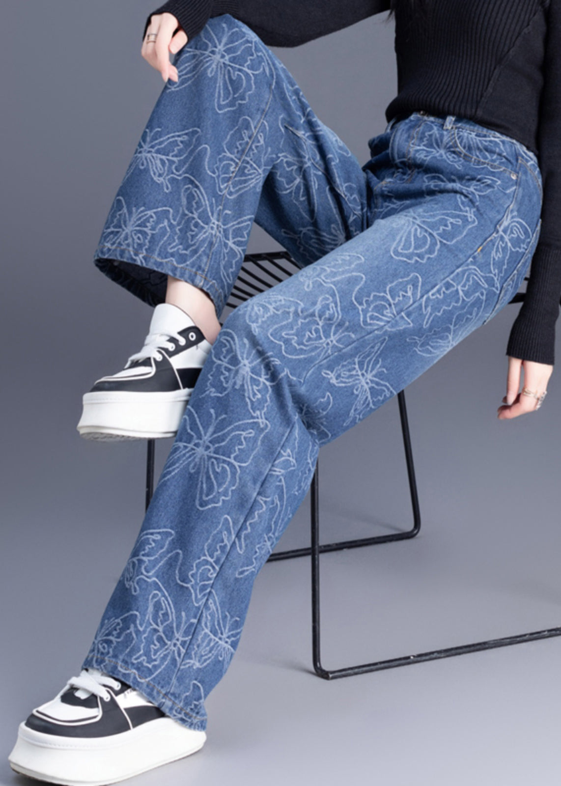 Trousers Denim Pants Waist Italian Blue High Straight Print FashionChic