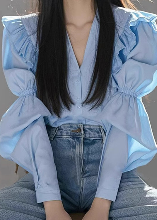 Neck V Cotton Blouse Fall Blue Italian Wrinkled FashionChic