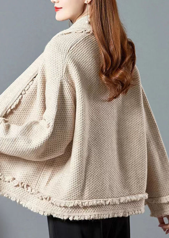 Italian Camel V Neck Ruffled Patchwork Knit Cardigans Fall WN028 ABC