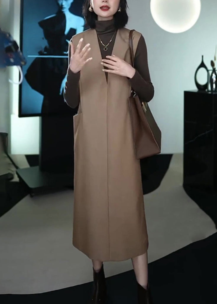 Italian Coffee Patchwork Warm Fleece Long Waistcoat And Dress Two Piece Set Winter RF037 ABC