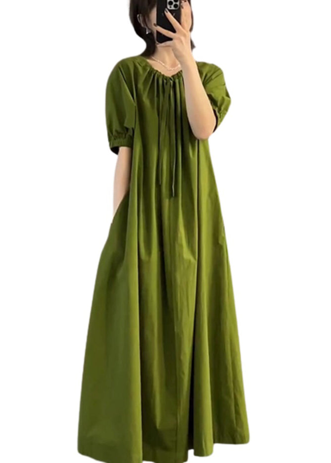 Italian Green O Neck Wrinkled Cotton Long Dress Summer EE1013 SH-LF-SDL240517