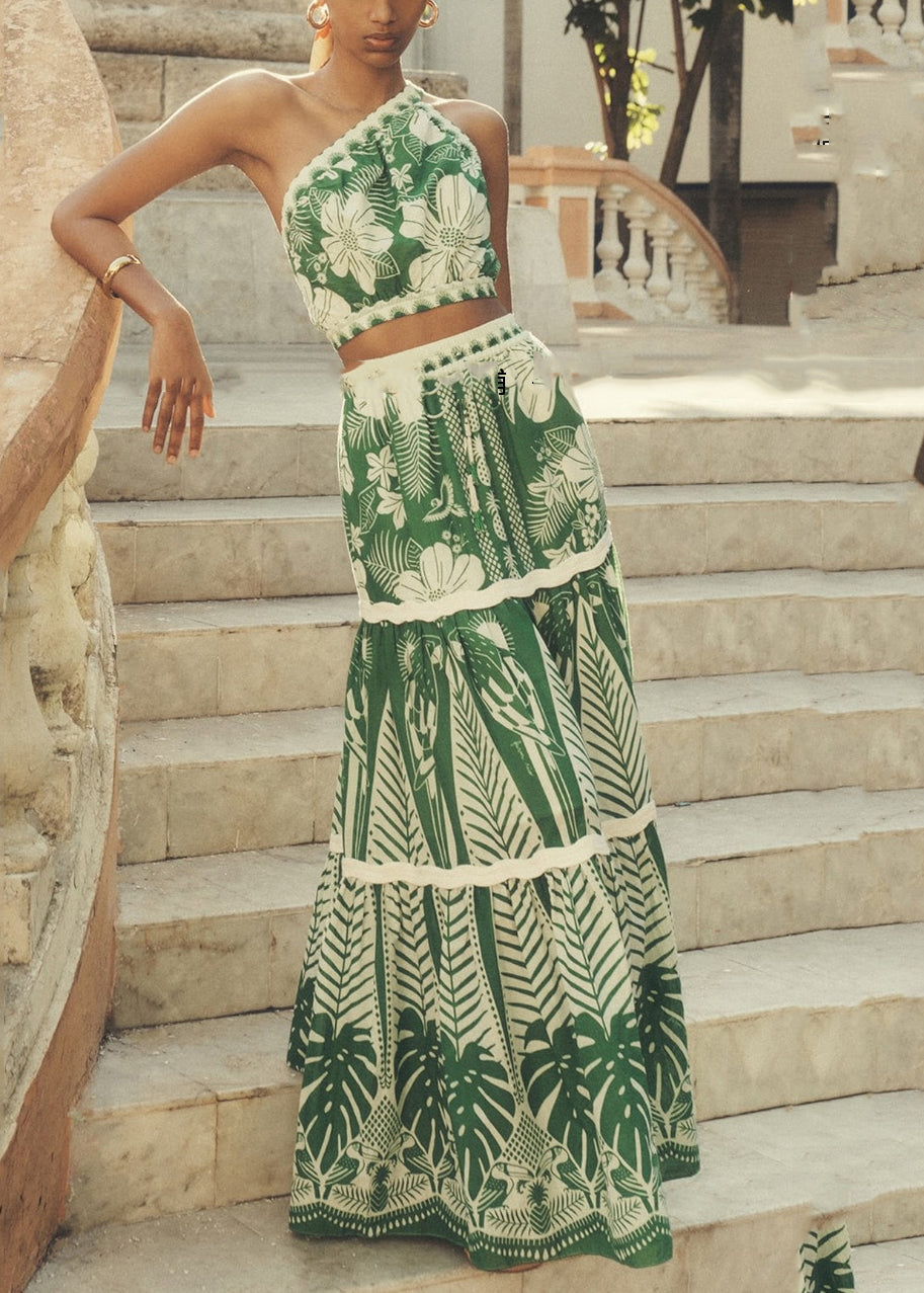 Green Shoulder Two Pieces Top And Skirts Italian One Maxi Print FashionChic